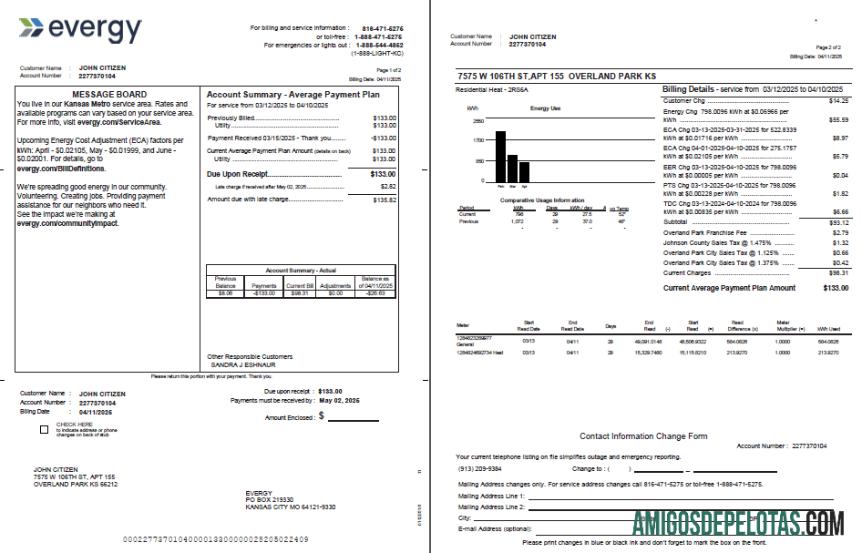realista Modelo de conta de serviços públicos Evergy dos EUA em formatos Word e PDF, 2 páginas, versão 2